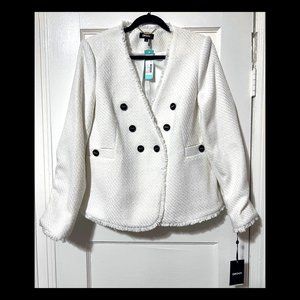 DKNY Womens White Fringe Trim Long Sleeve Logo Collarless Blazer Jacket 14 NWT
